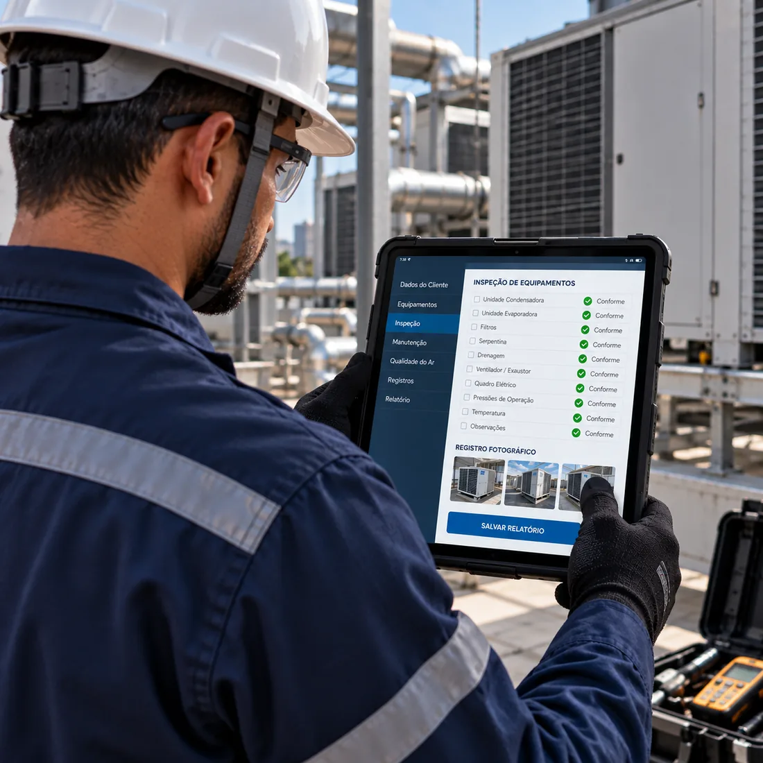 Técnico registrando inspeção de equipamentos em tablet durante rotina de PMOC